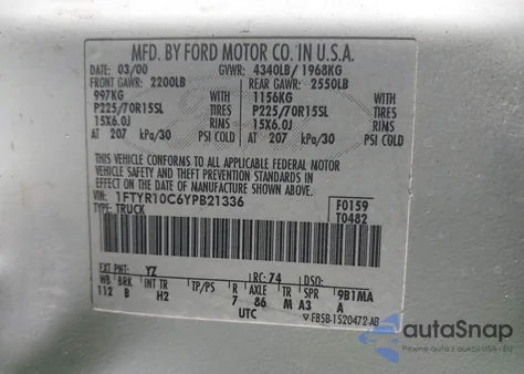 2000 Ford Ranger Xl/Xlt z USA, uszkodzony, nr VIN 1FTYR10C6YPB21336